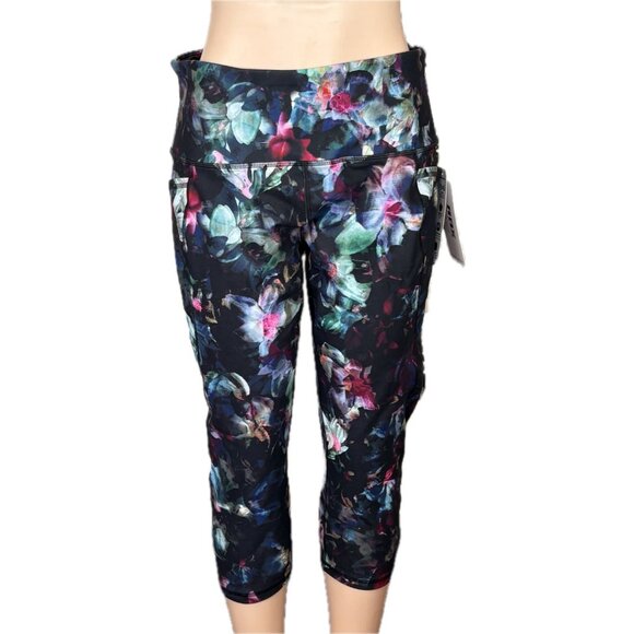 RBX +1X Floral Print Wide Waistband High Waisted Wicking Pockets Capri Leggings - Picture 4 of 6